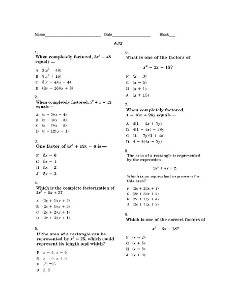 Factoring Worksheet