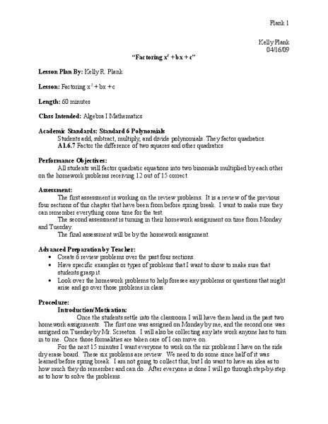 Factoring Lesson Plan