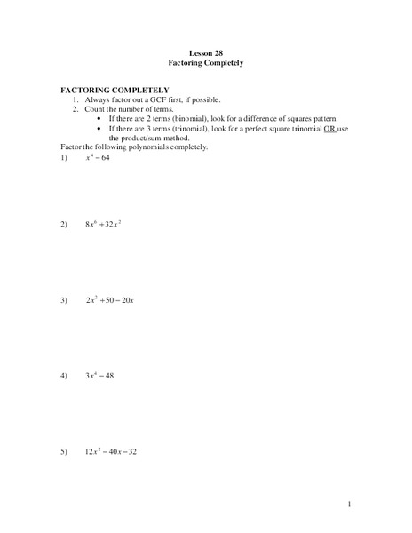 Factoring Completely Worksheet