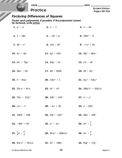 Factoring Differences of Squares Worksheet