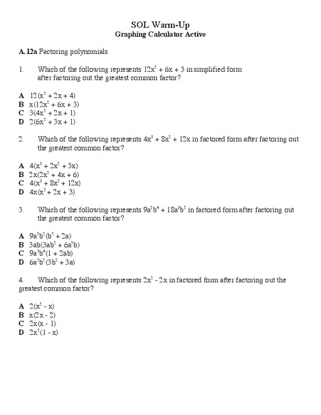 Factoring Polynomials Worksheet