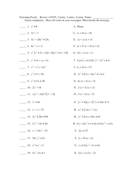 Factoring Puzzle Worksheet
