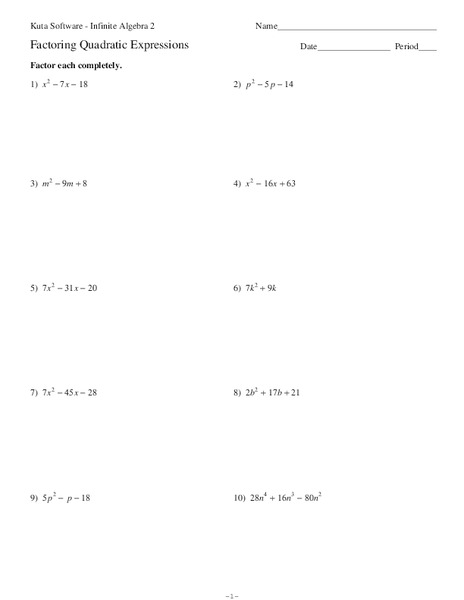 Factoring Quadratic Equations Worksheet