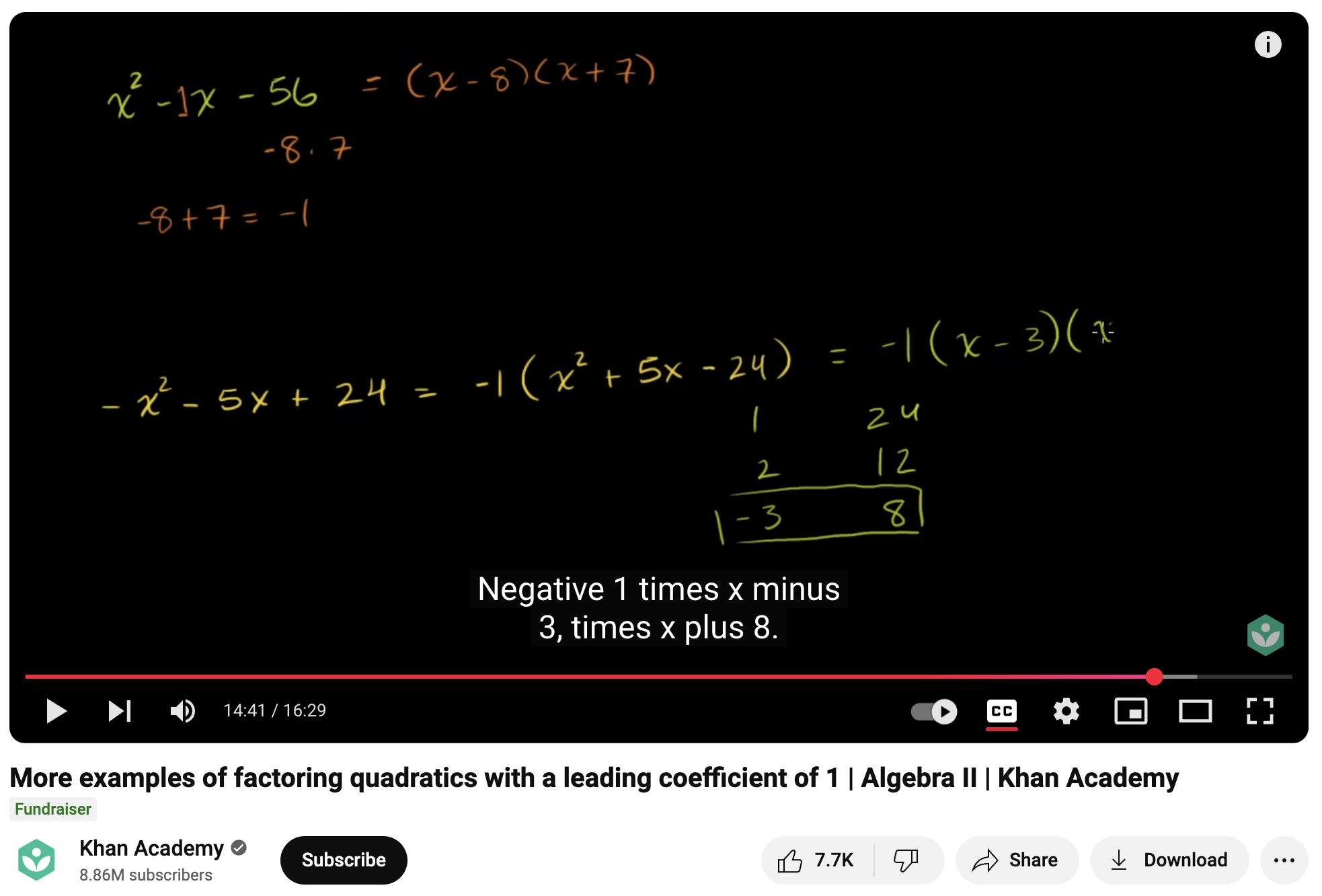 More Examples of Factoring Quadratics with a Leading Coefficient of 1, Algebra II Instructional Video