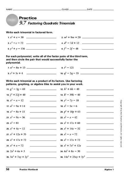 Factoring Quadratic Trinomials Worksheet