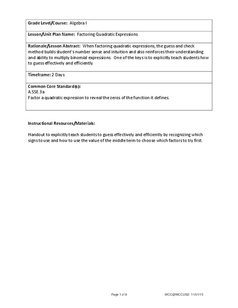 Factoring Quadratic Expressions Lesson Plan