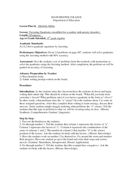 Factoring Quadratics Lesson Plan