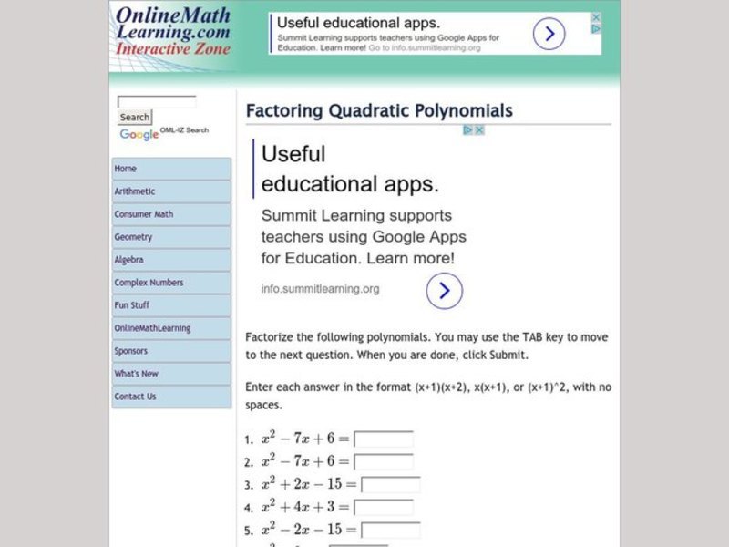 Factoring Quadratic Polynomials Interactive