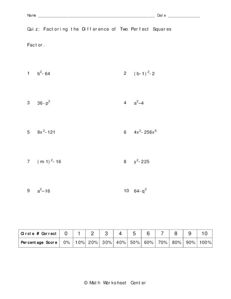 Factoring The Difference of Two Perfect Squares Worksheet