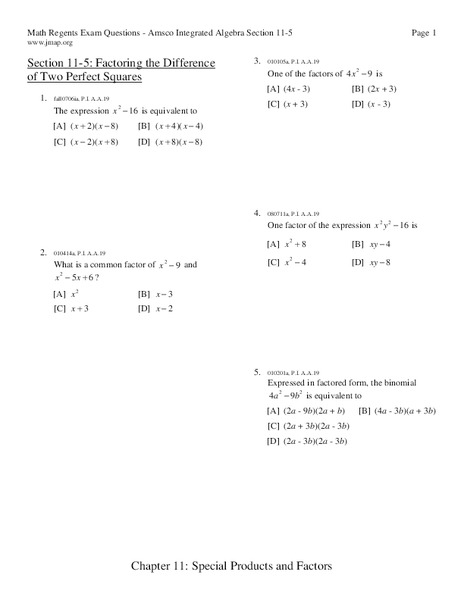 Factoring the Difference of Two Perfect Squares Worksheet