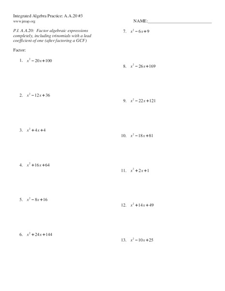 Factoring Trinomials Worksheet