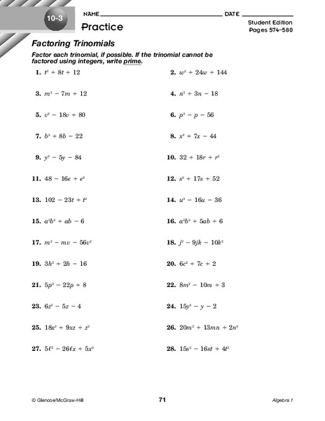 Factoring Trinomials Worksheet