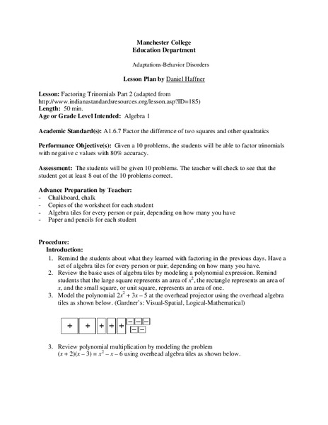 Factoring Trinomials Lesson Plan