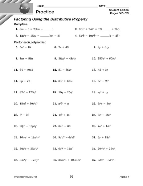 Factoring Using the Distributive Property Worksheet