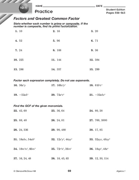 Factors and Greatest Common Factor Worksheet