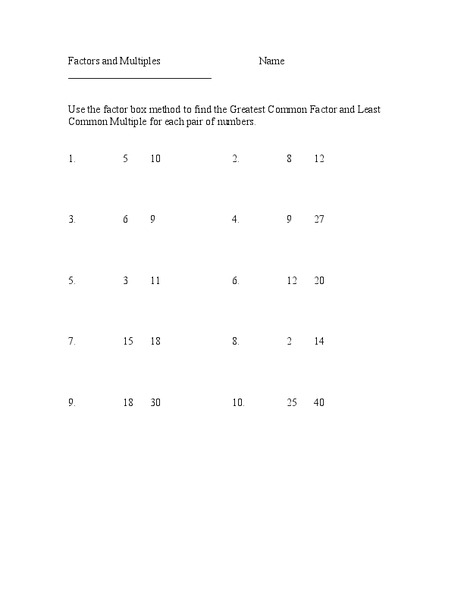 Factors and Multiples Worksheet