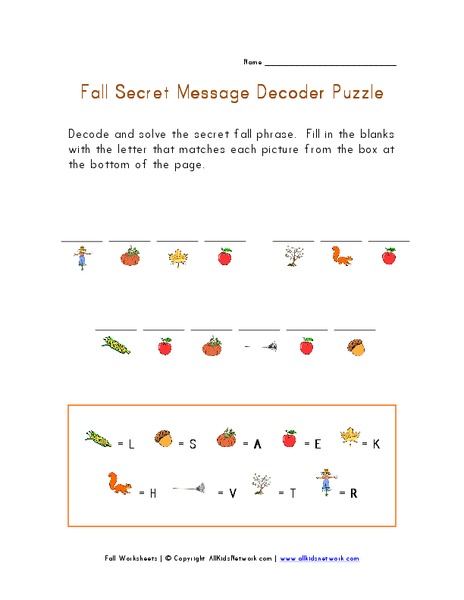 Fall Secret Message Decoder Puzzle Worksheet