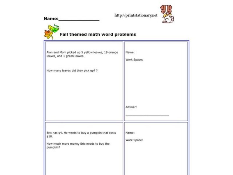 Fall Themed Math Word Problems Worksheet