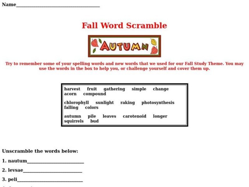 Fall Word Scramble Worksheet