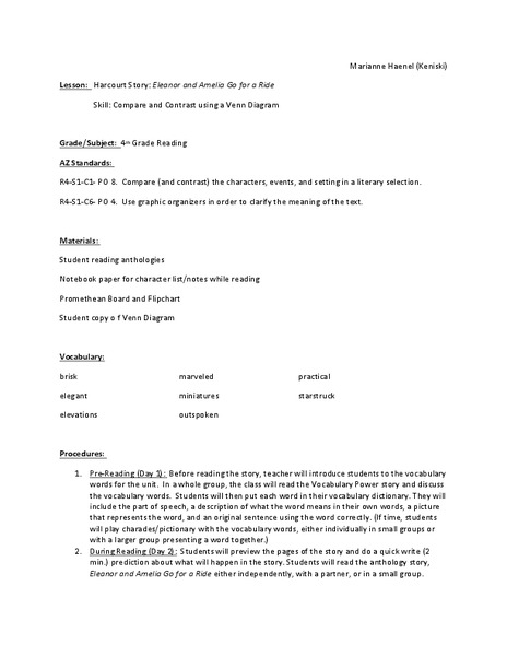 Harcourt Story: Eleanor and Amelia Go for a Ride Lesson Plan