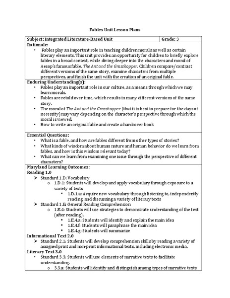 Fables Unit Lesson Plan Unit Plan