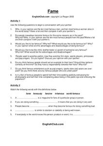 Fame Worksheet