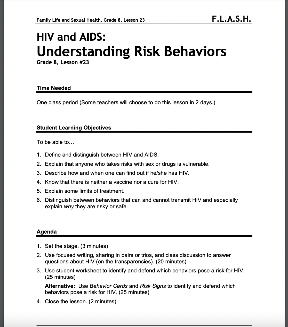 HIV and AIDS: Understanding Risk Behaviors Lesson Plan
