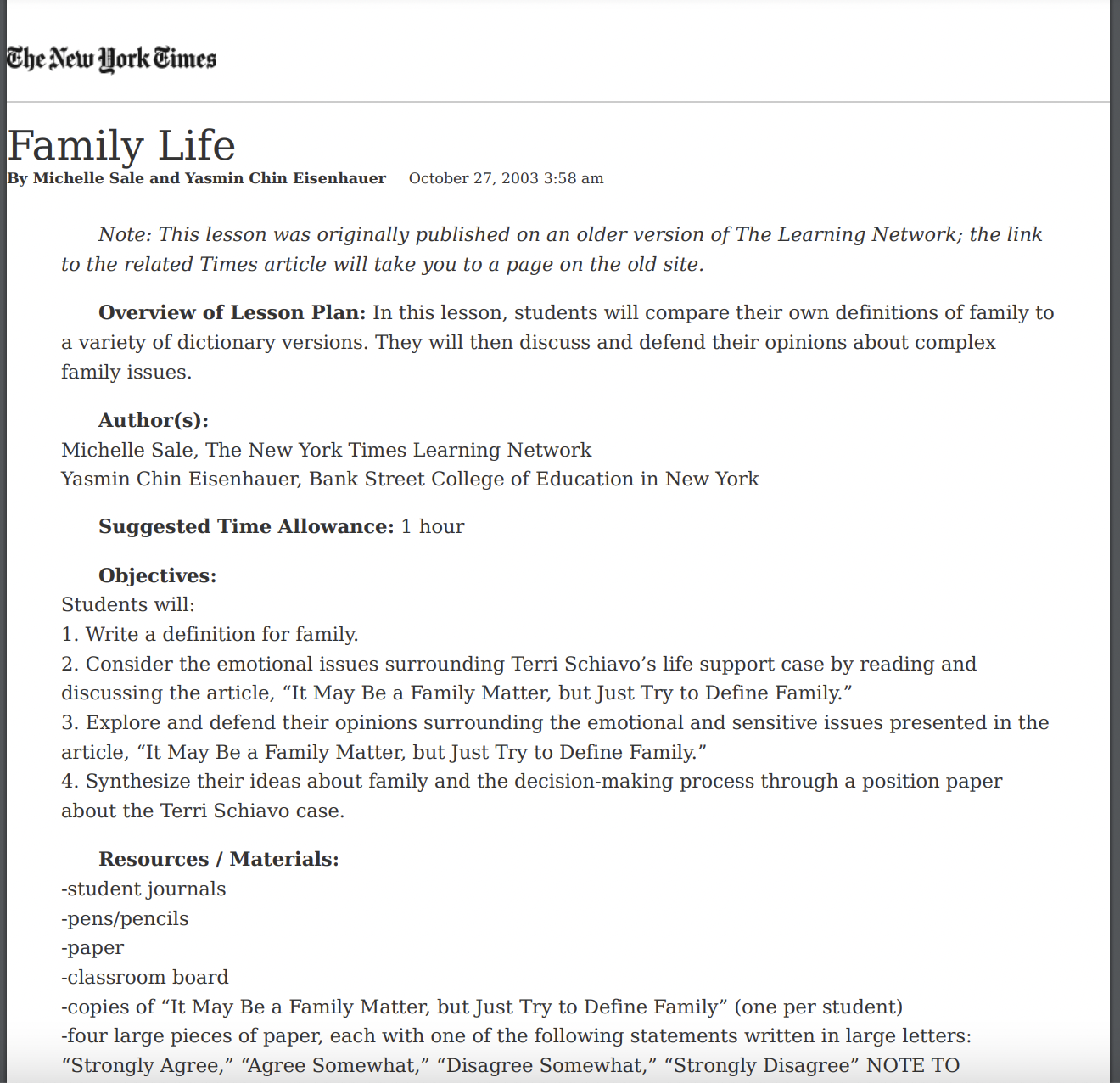 Family Life Lesson Plan