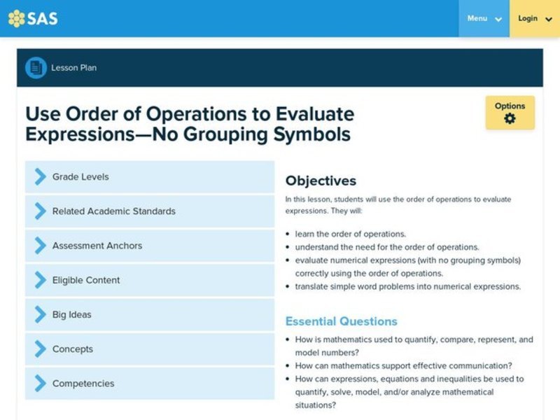 Use Order of Operations to Evaluate Expressions—No Grouping Symbols Lesson Plan