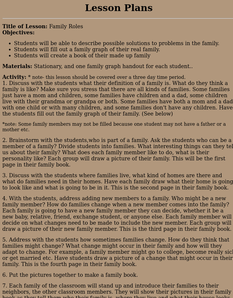 Family Roles Lesson Plan