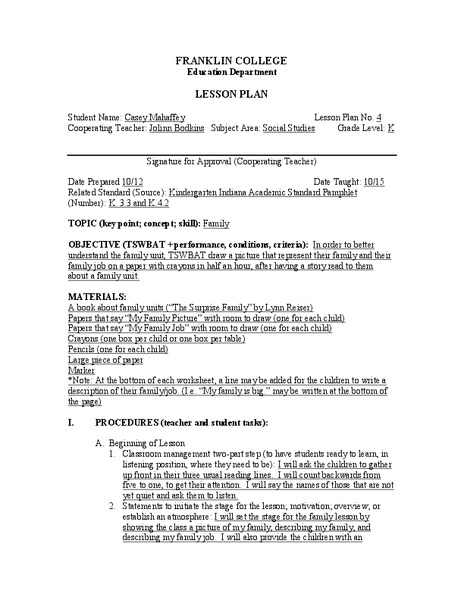 Family Unit Lesson Plan