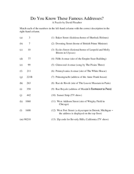 Famous Addresses Worksheet