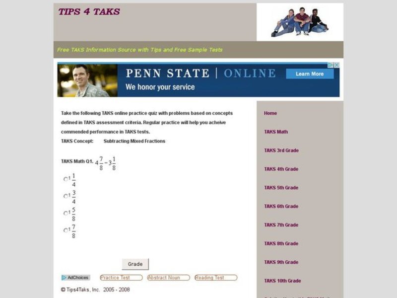 TAKS Math Quiz-Subtract Mixed Fractions Interactive