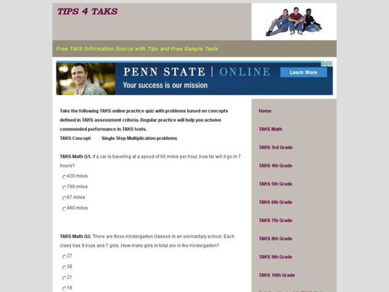 TAKS Quiz-Single Step Multiplication Problems Interactive