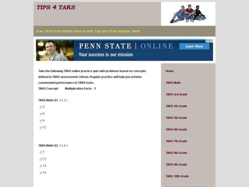 TAKS Quiz- Multiplication Facts-3 Interactive