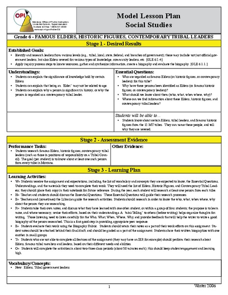 Famous Elders, Historic Figures, Contemporary Tribal Leaders Lesson Plan