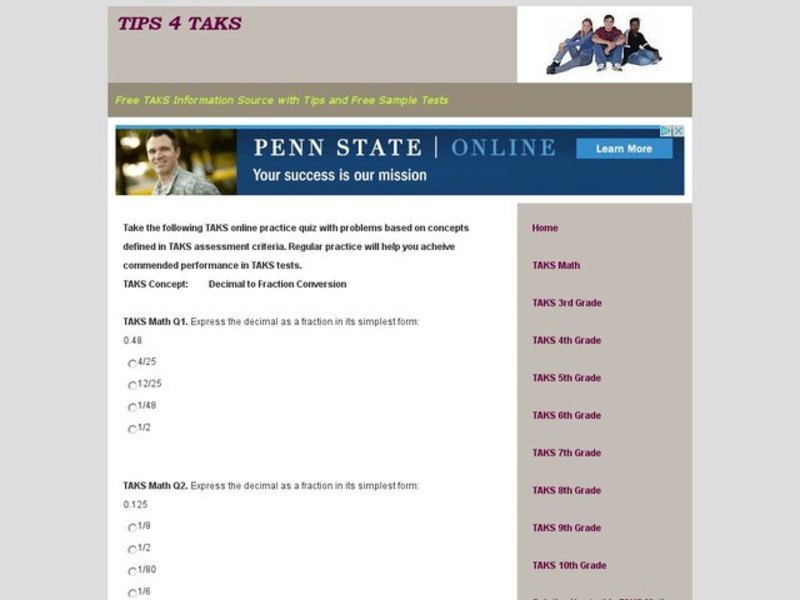 TAKS Math Quiz-Decimal to Fraction Conversion Interactive