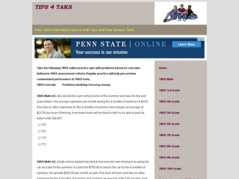 TAKS Math Quiz-Currency Problems Interactive