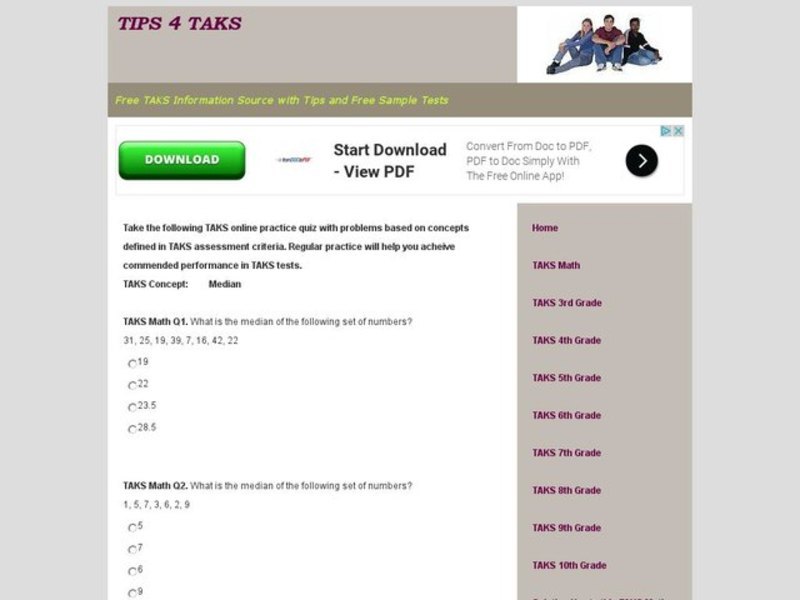 TAKS Math Quiz-Median Interactive