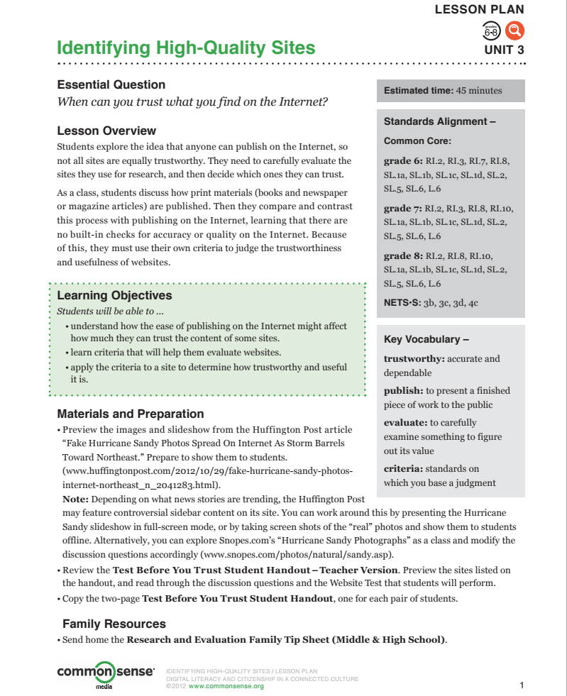 Identifying High-Quality Sites Lesson Plan