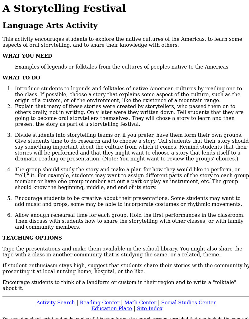 A Storytelling Festival Lesson Plan