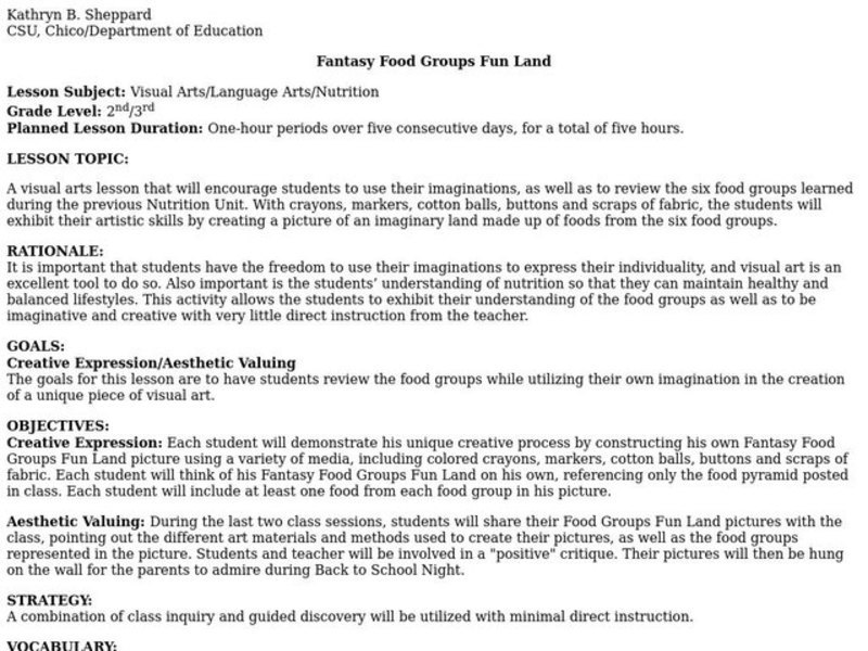 Fantasy Food Groups Fun Land Lesson Plan