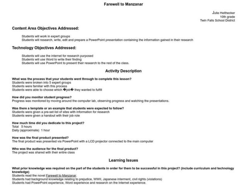 Farewell to Manzanar Lesson Plan