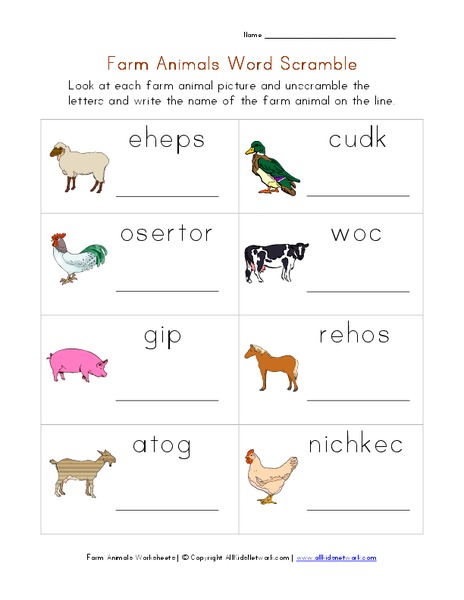 Farm Animals Word Scramble Worksheet
