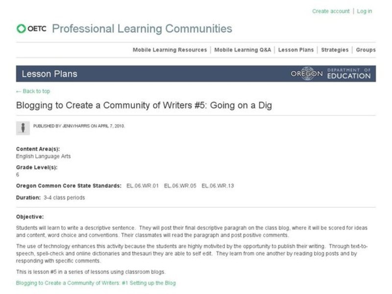 Blogging To Create A Community of Writers # 5 of 7 Lesson Plan