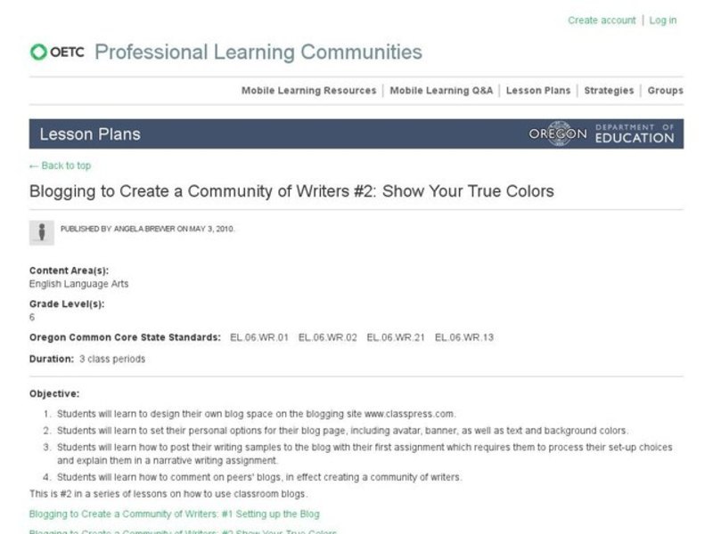 Blogging to Create a Community of Writers: Lesson 2 of 6 Lesson Plan