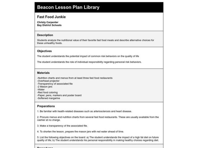 Fast Food Junkie Lesson Plan