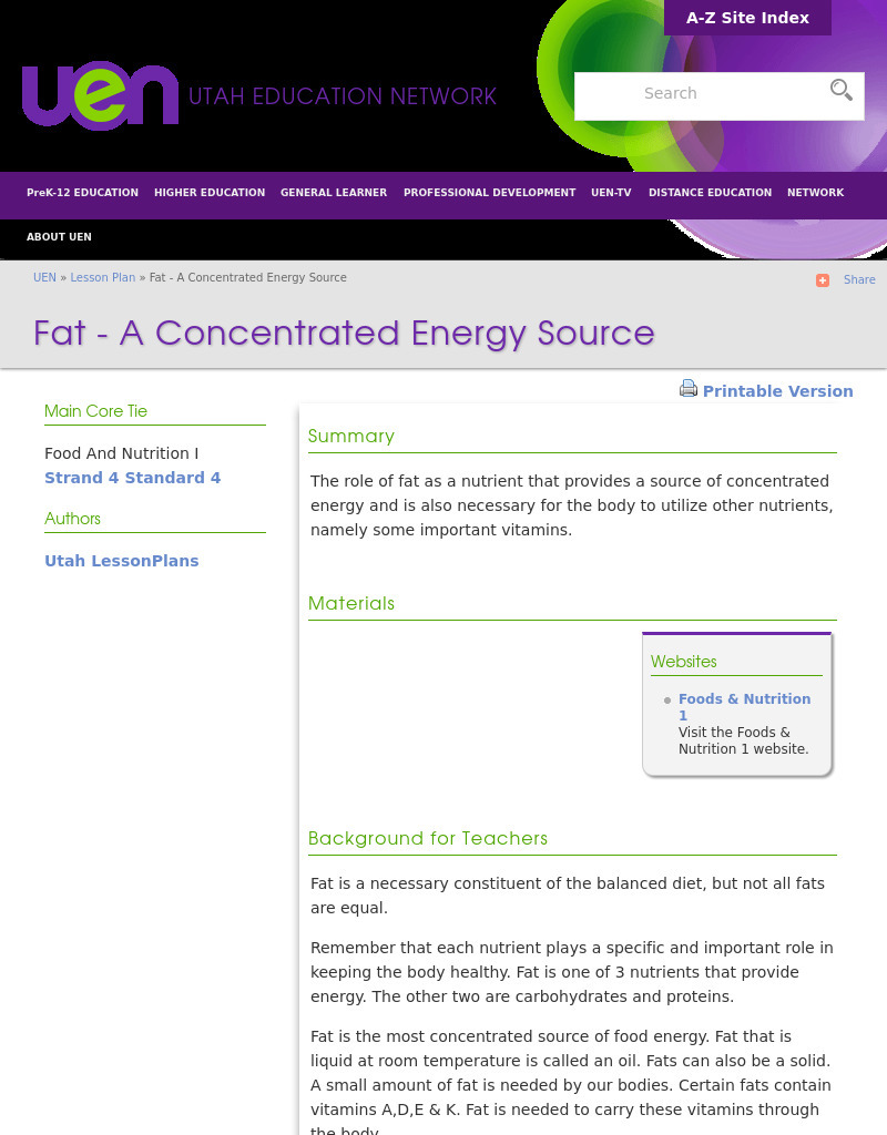 Fat - A Concentrated Energy Source Lesson Plan