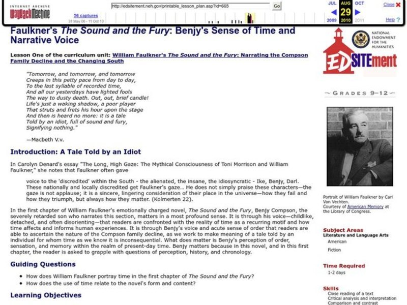 Faulkner's The Sound and the Fury: Benjy's Sense of Time and Narrative Voice Lesson Plan