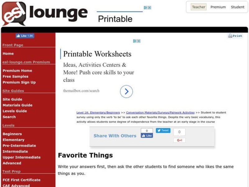 Favorite Things Worksheet